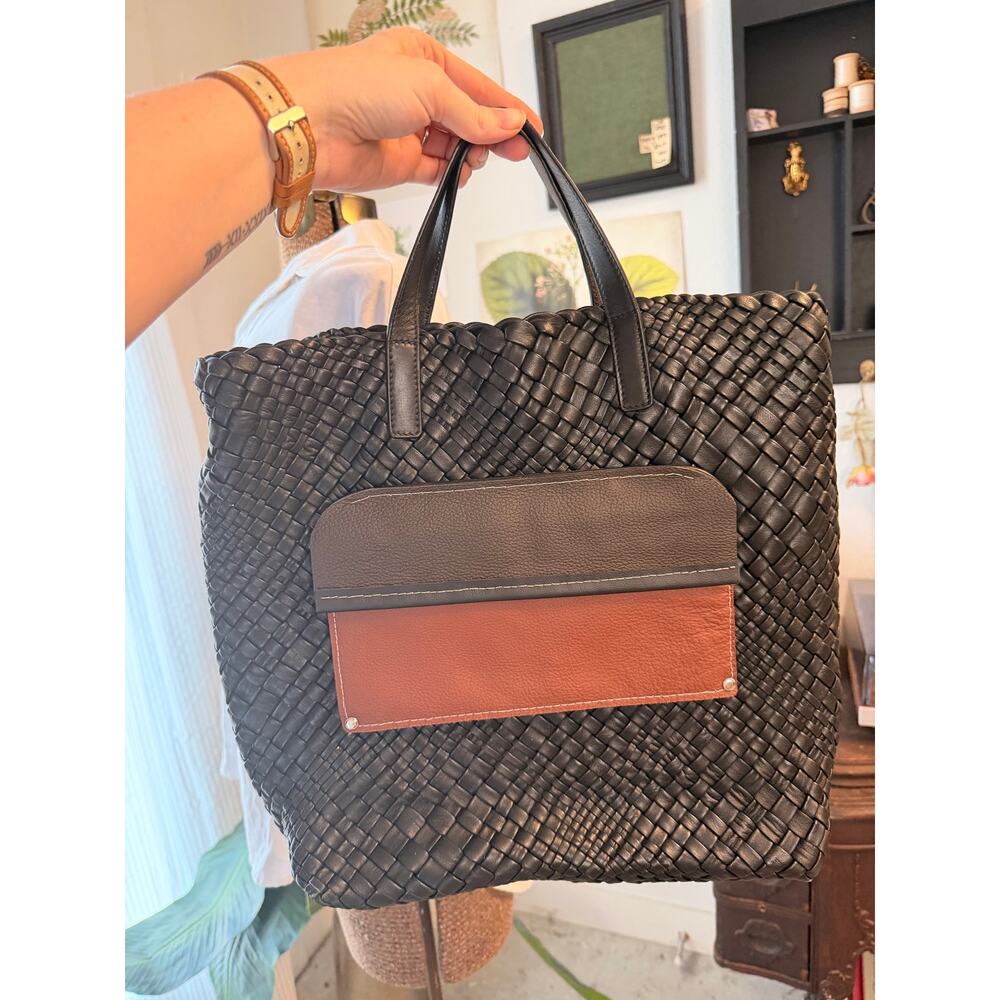 Falor Firenze Woven Leather Tote Bag Black Intrecciato Italian Leather Shopper